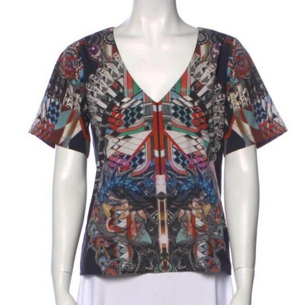 ALEXIS "FIDRA" FUNKY PRINT V NECK TOP Sz S Small Polyester Black Red (B